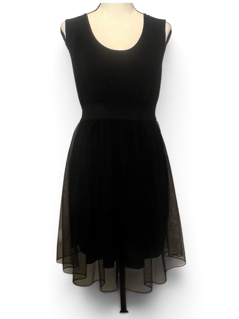 Sleeveless Black Midi Dress with Sheer Overlay